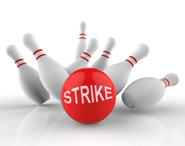 Bowling Strike pokazuje dziesięć Pin 3d renderowania — Zdjęcie stockowe