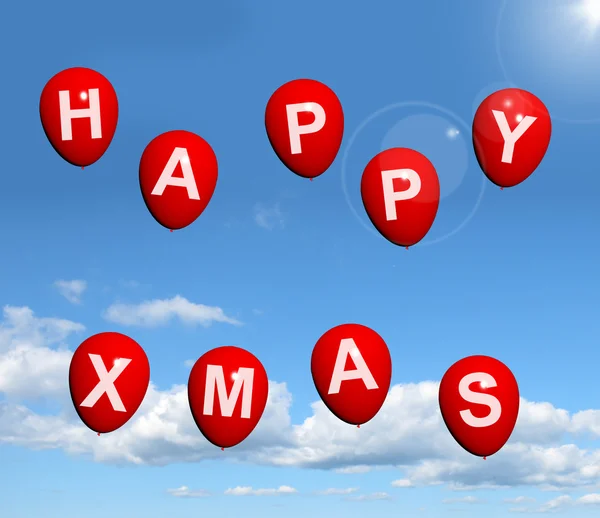 Red Balloons In The Sky Spelling Happy Xmas — Stock Photo, Image