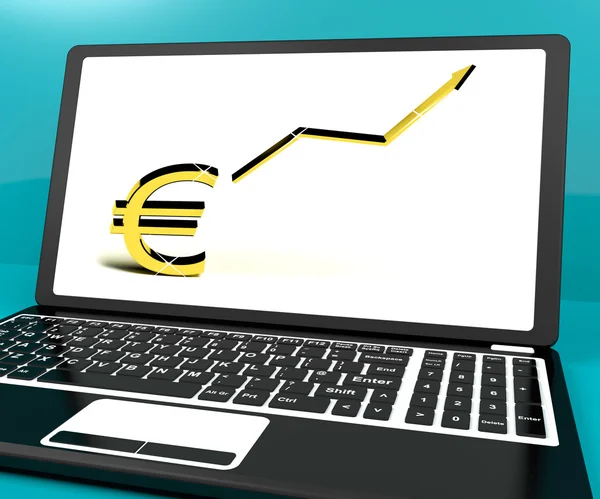 Euro Sign And Up Arrow On Computer For Earnings Or Profit — Stock Photo, Image