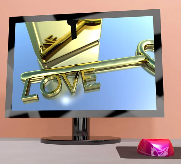 Love Key On Computer Screen Showing Online Dating — Stock Photo, Image