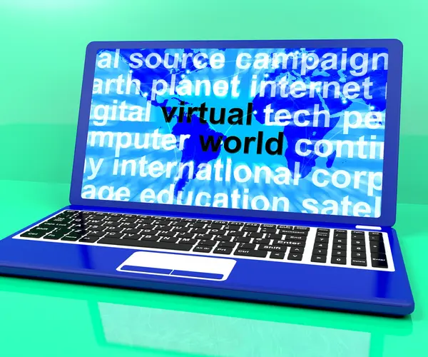 Sanal dünya kelimeler küresel internet gösterilen laptop — Stok fotoğraf