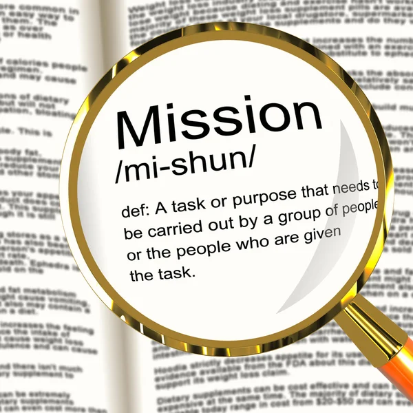 Mission meghatározás nagyító találat feladat cél vagy feladat, hogy — Stock Fotó