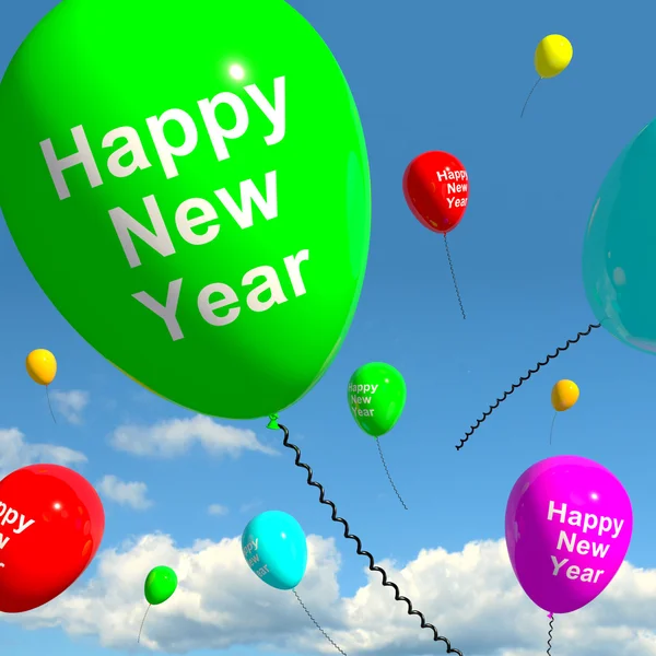 Luftballons am Himmel zeigen ein frohes neues Jahr — Stockfoto