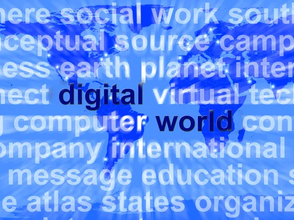 Digital World Words On Map Showing Global Internet Or Worldwide — Stock Photo, Image