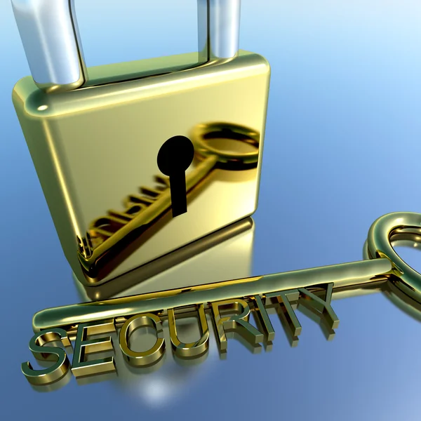 Candado con llave de seguridad que muestra cifrado de protección y seguro —  Fotos de Stock