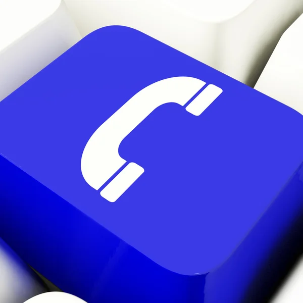 Yardım Masası veya yardım için cep telefonu simge bilgisayar anahtar mavi — Stok fotoğraf