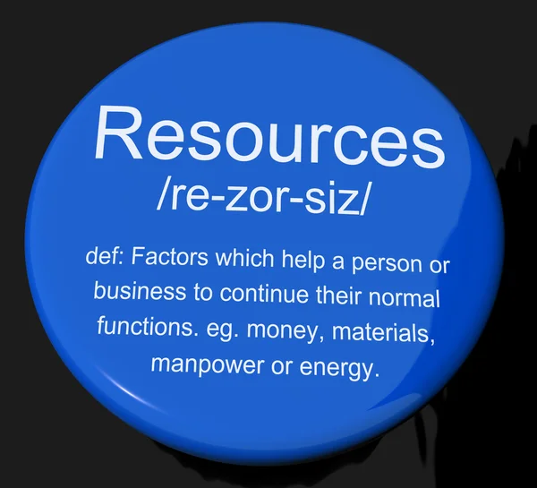 Resources Definition Button Showing Materials Assets And Manpowe — Stock Photo, Image