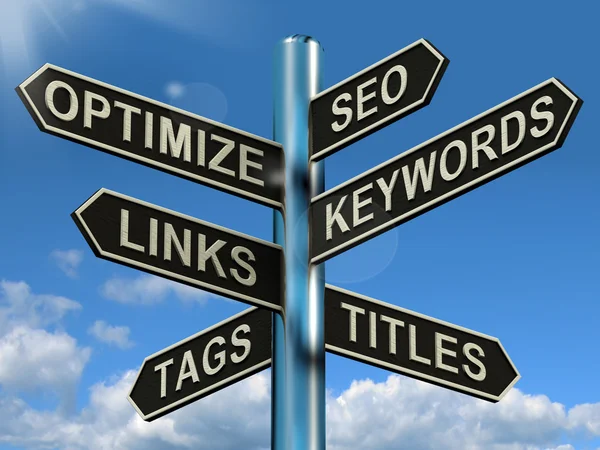 Seo Optimize Keywords Links Signpost Shows Website Marketing Opt — Stock Photo, Image