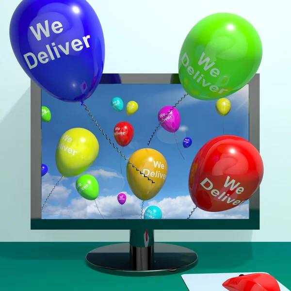 We Deliver Balloons From Computer Showing Delivery Shipping Serv — Stock Photo, Image