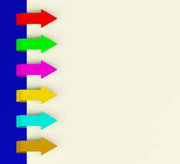 Шесть разноцветных вкладок со стрелками поверх бумаги для списка меню или примечаний — стоковое фото