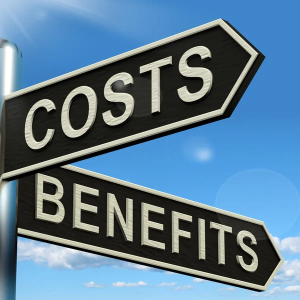 Costes Beneficios Opciones En Señalización Mostrando Análisis Y Valor De — Foto de Stock