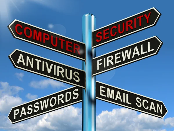 コンピューター セキュリティの道標はノート パソコンのインターネットの安全性を示しています — ストック写真