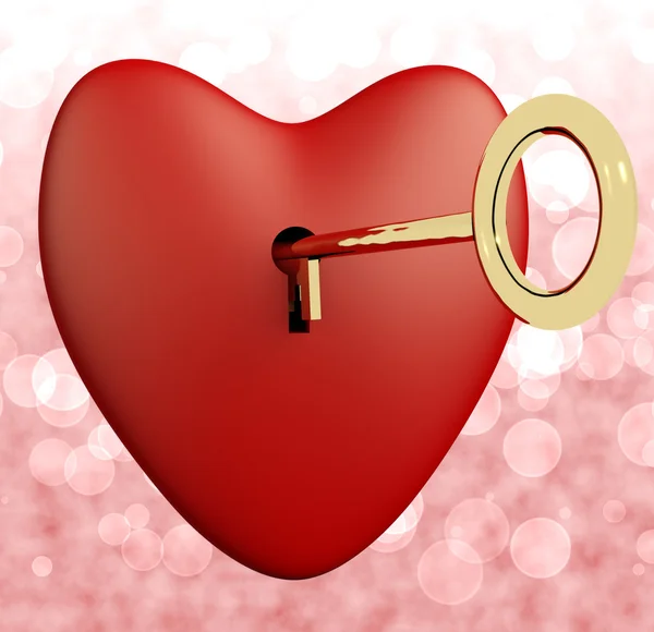 与键和粉红色散景背景显示的爱浪漫的心 — 图库照片