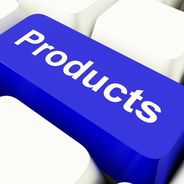 Produkter dator nyckel i blått visar internet shopping varor — Stockfoto