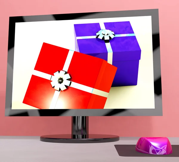 Zakupy prezent lub komputer pozdrowienia online — Zdjęcie stockowe