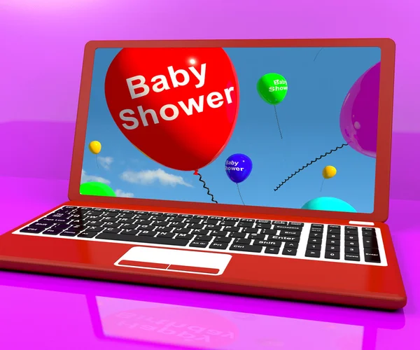 Palloncini dell'acquazzone del bambino sul computer portatile come invito del partito di nascita — Foto Stock