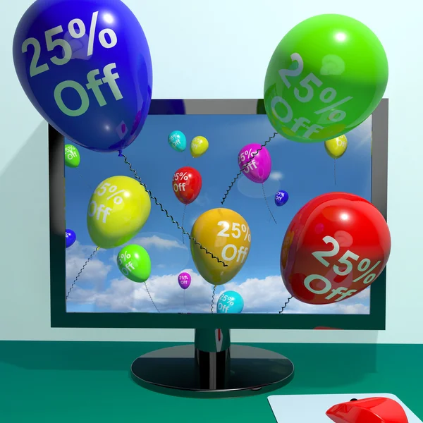 Rabat 25% off balony z komputera pokazuje sprzedaż dwadzieścia f — Zdjęcie stockowe