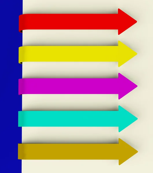 Five Multicolored Long Arrow Tabs Over Paper For Menu List Or No — Stock Photo, Image