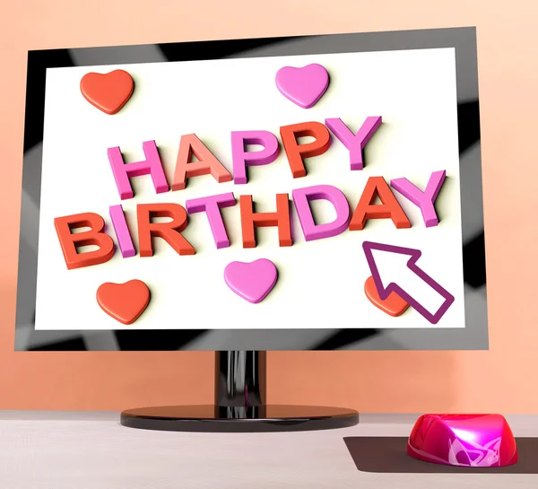 Feliz cumpleaños en la pantalla del ordenador que muestra el saludo en línea — Foto de Stock