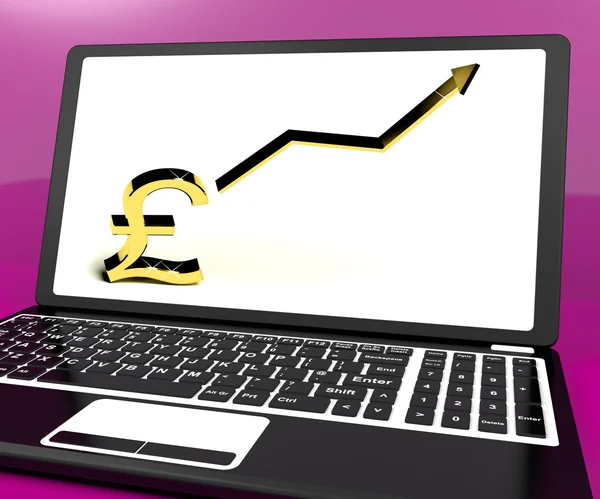 Pound Sign And Up Arrow On Computer For Earnings Or Profit — Stock Photo, Image
