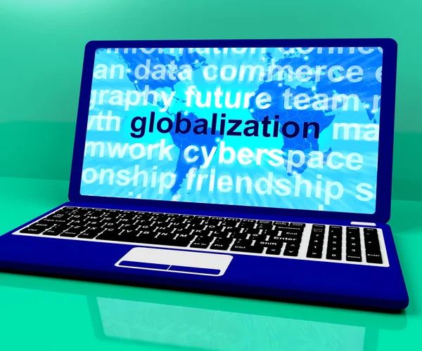在笔记本电脑上显示国际商务的全球化词 — 图库照片