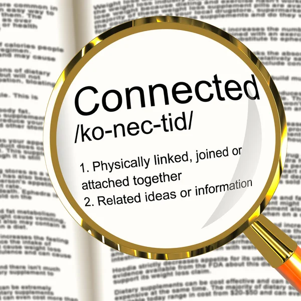 Connected Definition Magnifier Showing Linked Joined Or Networki — Stock Photo, Image