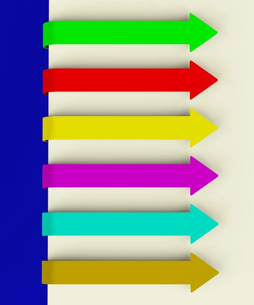 Шесть разноцветных закладок со стрелками поверх бумаги для списка меню или нет — стоковое фото