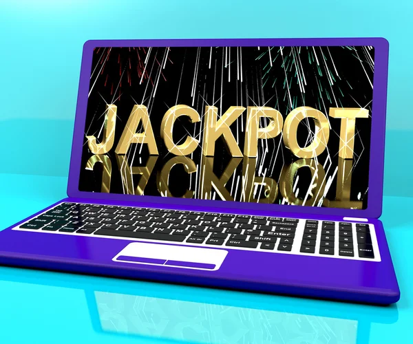 Jackpot woord met vuurwerk op laptop weergegeven: winnen — Stockfoto