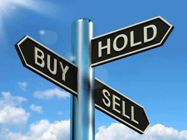 Buy Hold And Sell Signpost Representing Stocks Strategy — Stock Photo, Image