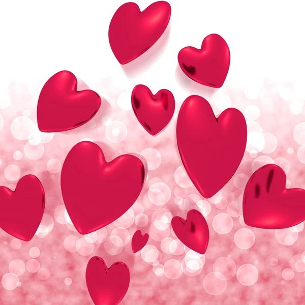 Hjärtan som faller med röda bokeh bakgrund visar kärlek och romanc — Stockfoto
