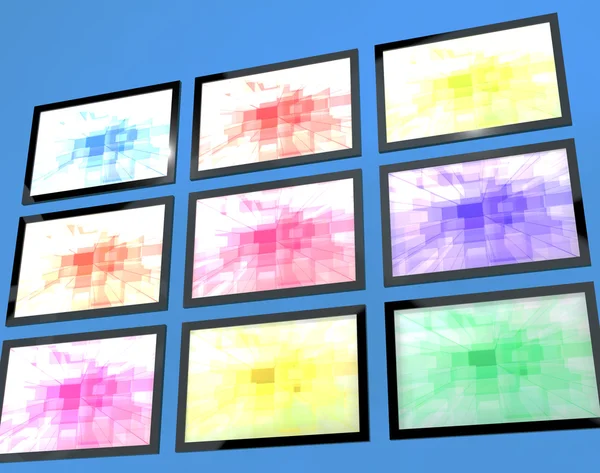 九个电视显示器壁挂式安装在不同的颜色代表 h — 图库照片