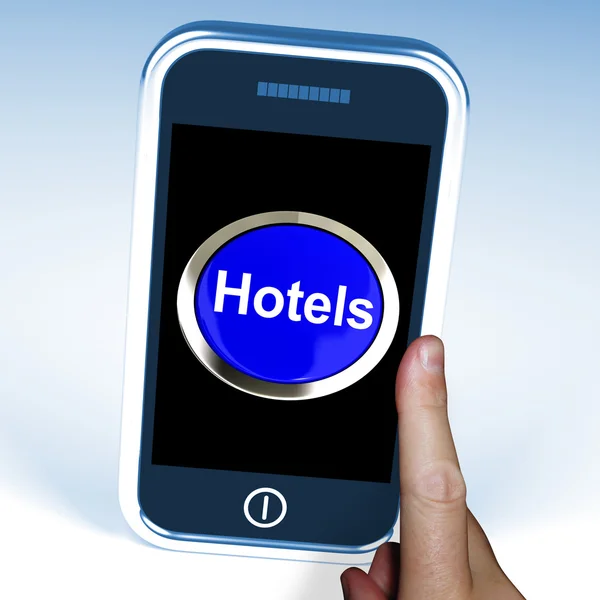 Hotel Button On Phone Shows Travel And Room — Stock Photo, Image