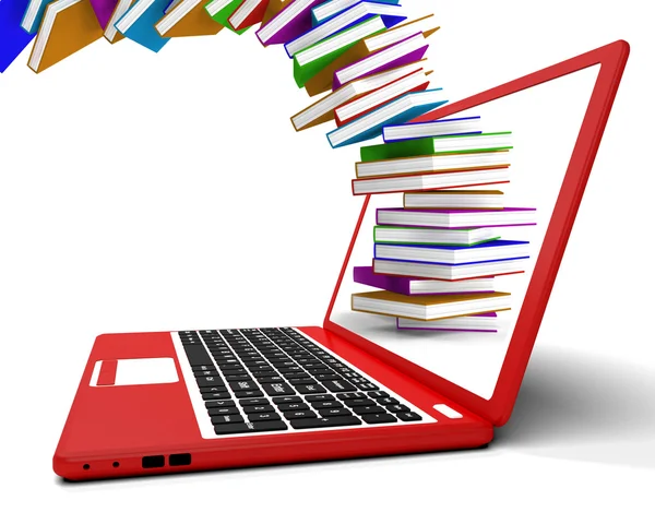Pila de libros que vuelan desde la computadora muestra el aprendizaje en línea — Foto de Stock