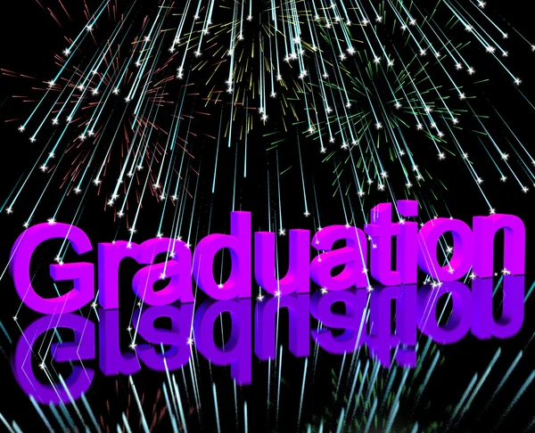 Palabra de graduación con fuegos artificiales mostrando escuela o grado universitario — Foto de Stock
