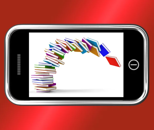 Mobile Phone With Falling Books Shows Online Knowledge — Stock Photo, Image