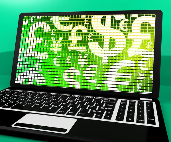 Valutasymbolen op laptop wisselkoers en Financiën weergegeven: — Stockfoto