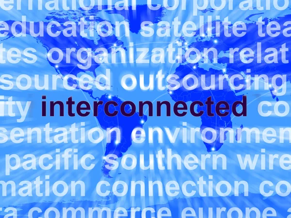 グローバル ネットワークを示すマップ上の相互接続された単語 — ストック写真