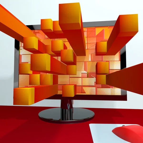 Trzech wymiarów kwadratów pomarańczowy na monitorze komputera Wyświetlono 3d — Zdjęcie stockowe
