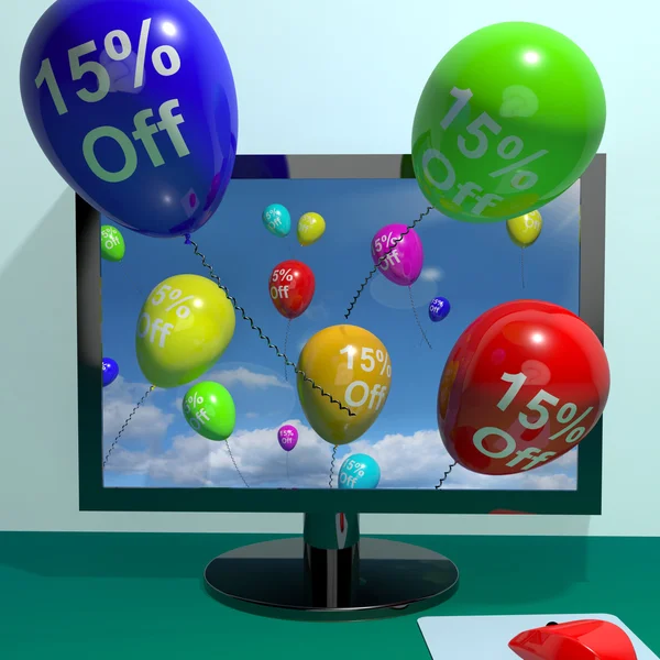 15% Off balões de computador mostrando desconto de venda de vinte F — Fotografia de Stock