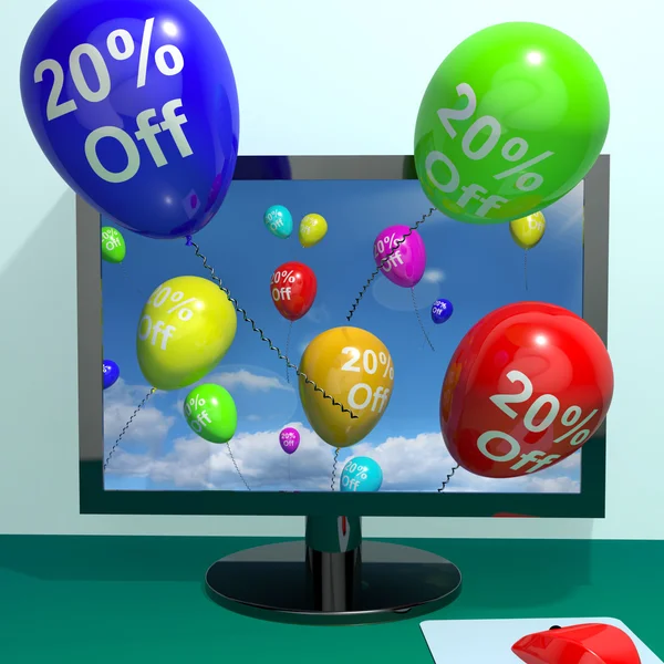 20% Rabatt auf Luftballons aus dem Computer, die Verkaufsrabatt von zwanzig p zeigen — Stockfoto