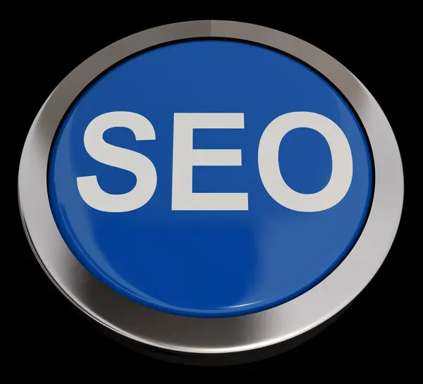 SEO-knappen i blått visar Internetmarknadsföring och sökmotoroptimering — Stockfoto