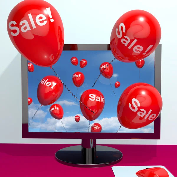 Verkoop ballonnen vanuit computer internet promotie di weergegeven: — Stockfoto