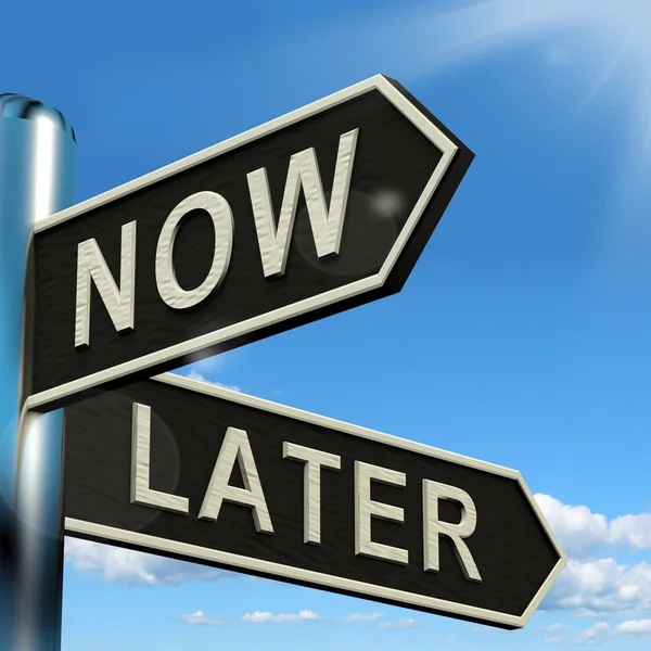 Now Or Later Signpost Showing Delay Deadlines And Urgency — Stock Photo, Image