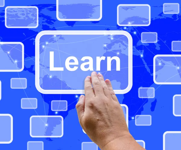 Learn Computer Button On Blue Screen Showing Online Learning And — Stock Photo, Image