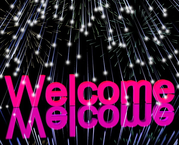 Welcome Word With Fireworks Showing Greeting Of Hospitality — Stok Foto