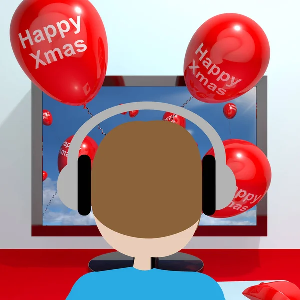 Boldog karácsonyt a számítógép 3d képernyő Illustratio piros léggömbök — Stock Fotó
