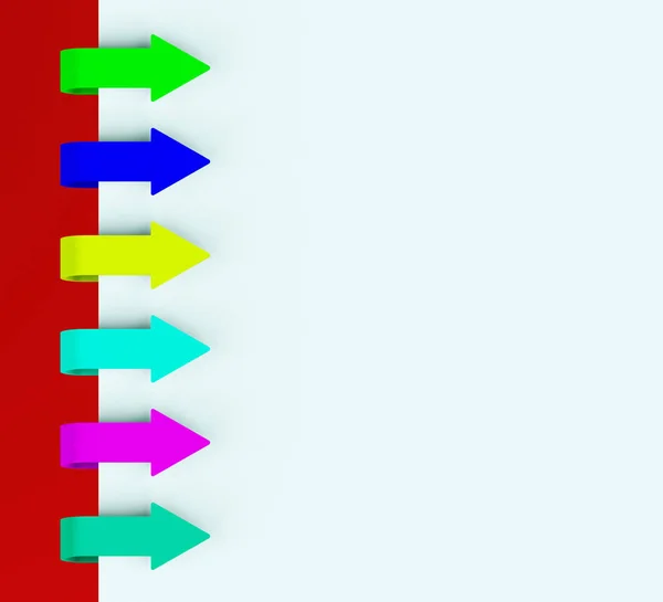 Шесть разноцветных вкладок со стрелками поверх бумаги для списка меню 3d Renderin — стоковое фото