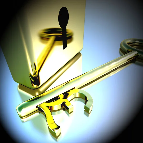 Фунтовый ключ с золотым замком, показывающий банковские сбережения 3D рендеринг — стоковое фото
