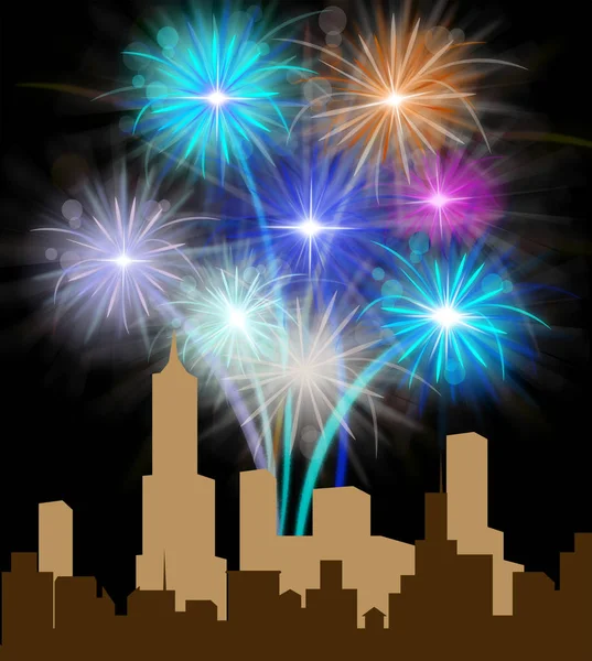 Fireworks Over City Meaning Festive Party Pyrotechnics — Stock Photo, Image