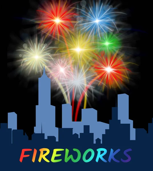 Fireworks Over Cityscape Meaning Festive Party Pyrotechnics — Stock Photo, Image